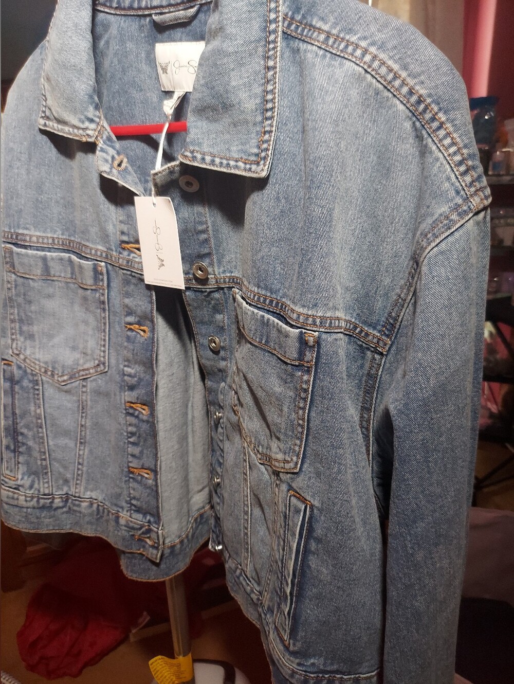 NWT JESSICA SIMPSON Plus Swing Denim Jean Jacket Pleat Back Medium Wash Size 1X
